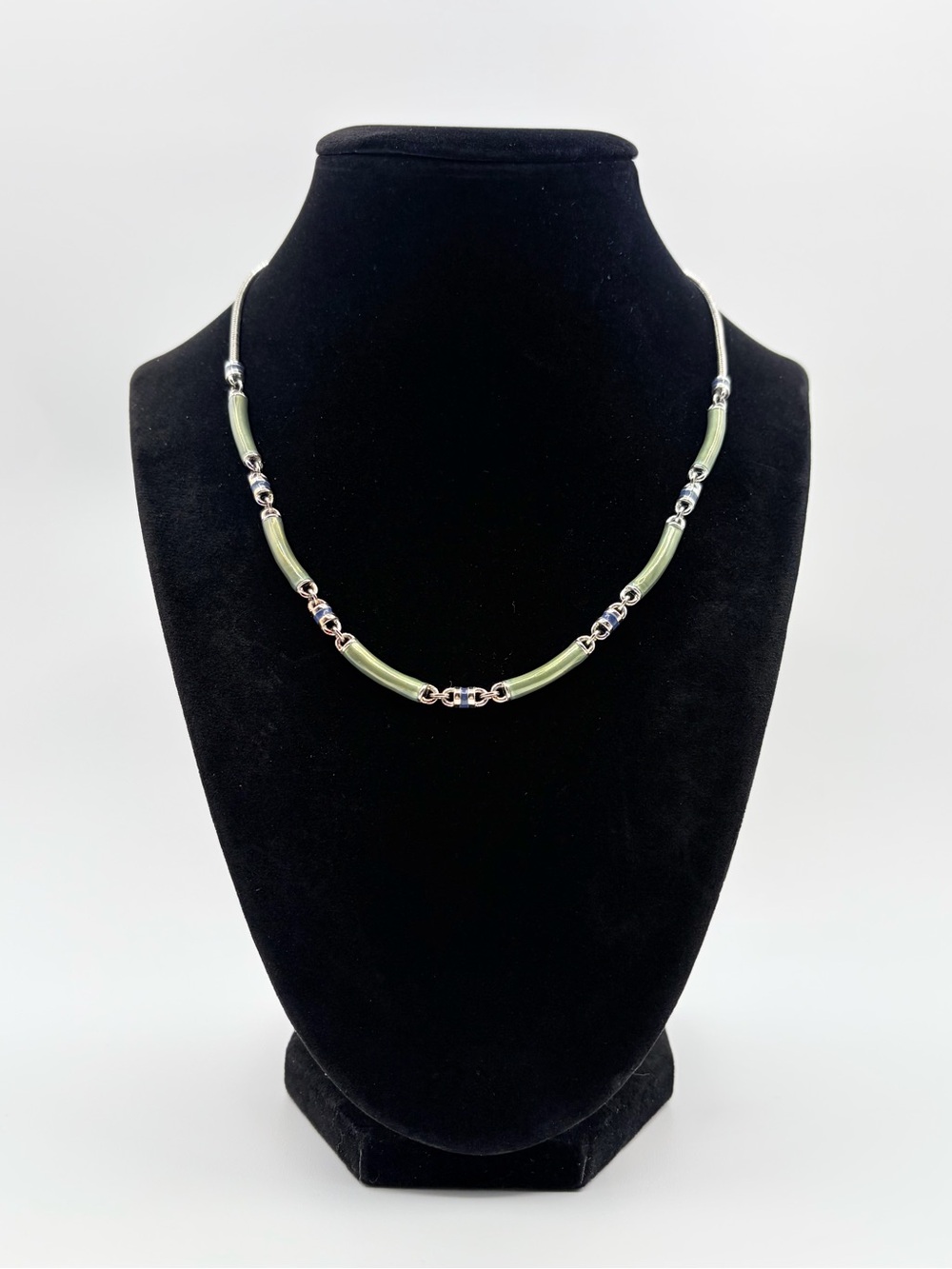Monet Green Enamel Bamboo Link Necklace Silver Tone